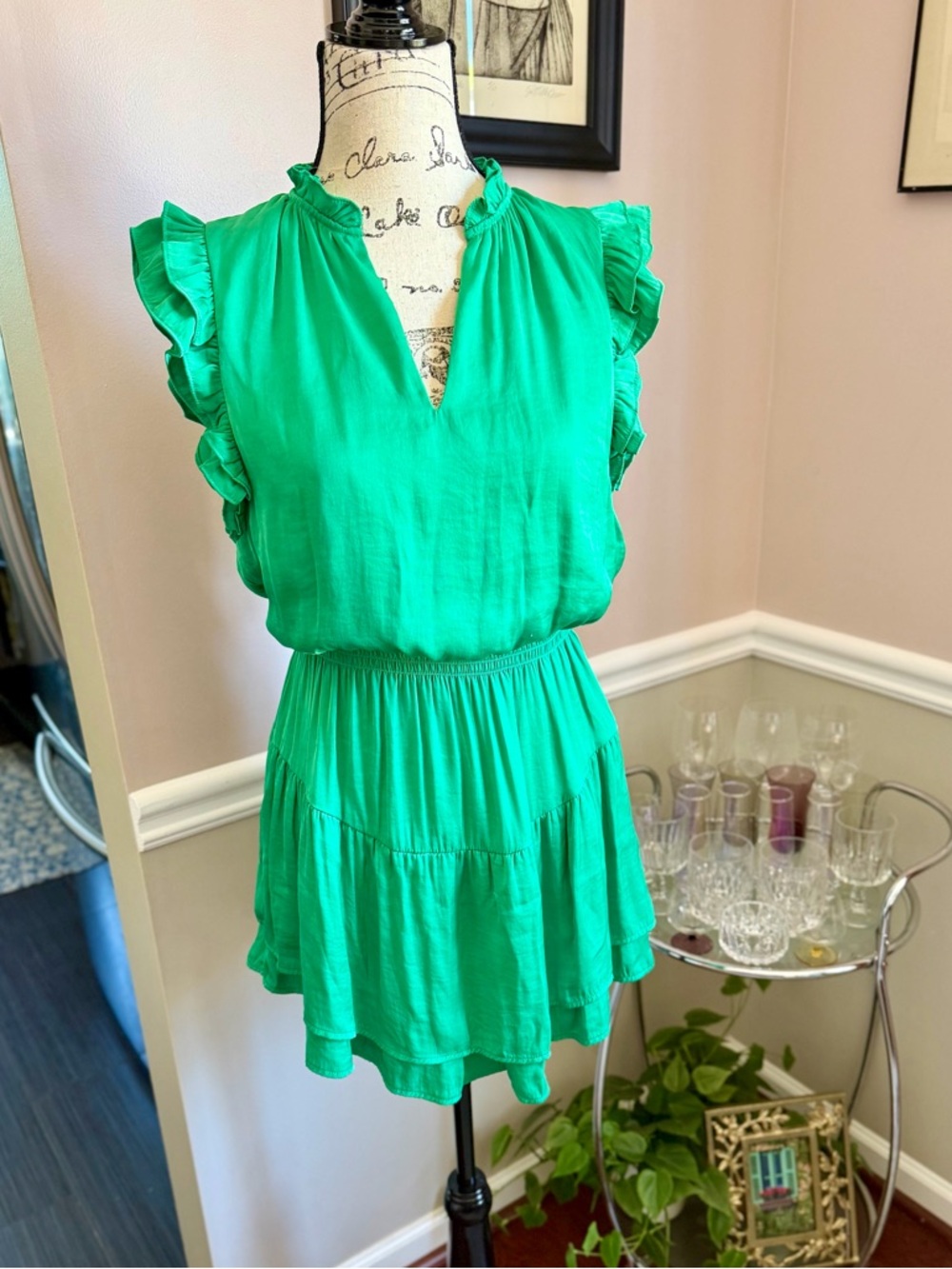 Steve Madden Green Ruffle Mini Dress Cap Sleeve Prairie Tiered S